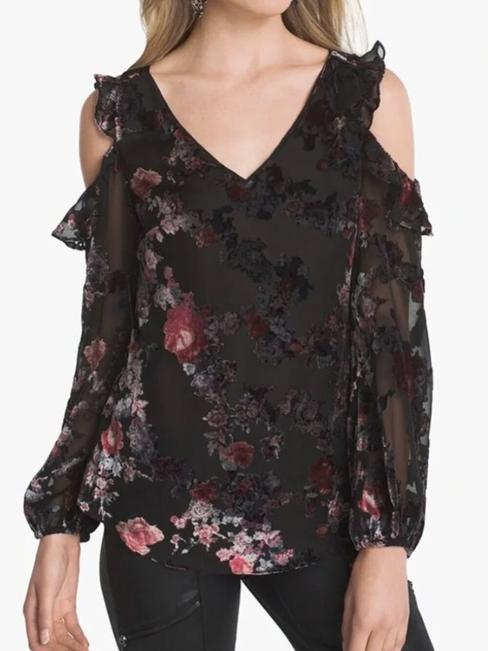 WHBM WHITE HOUSE BLACK MARKET Floral Velvet Burnout Cold Shoulder Blouse PETITE